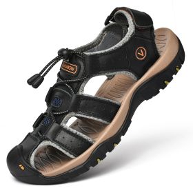 Men Summer Leather Sandal Outdoor Casual Shoe Man Mountain Hiking Sandals Non-slip High Quality Trekking Sandal Plus Size 46 (Color: Black, size: 42)